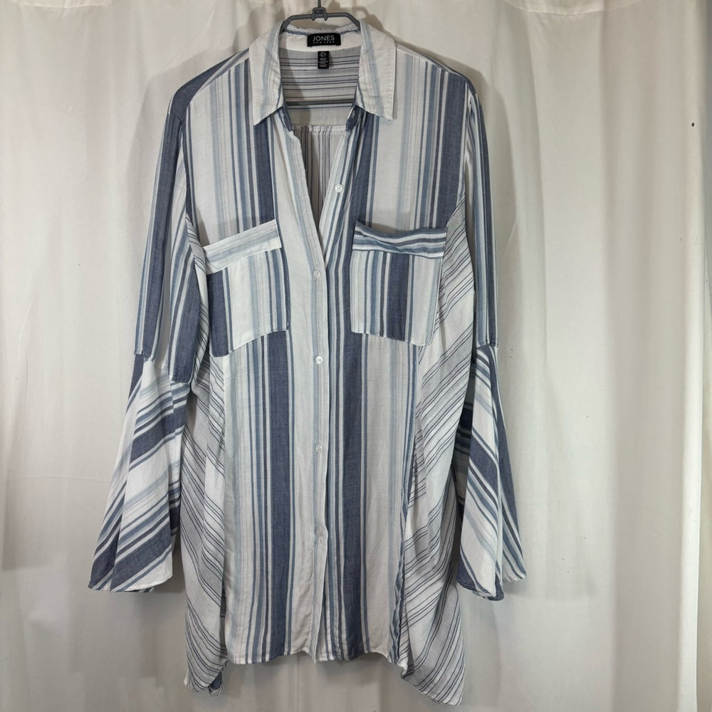 Jones New York Women's L Blue and White Striped Tunic / Blouse With Bell Sleeves